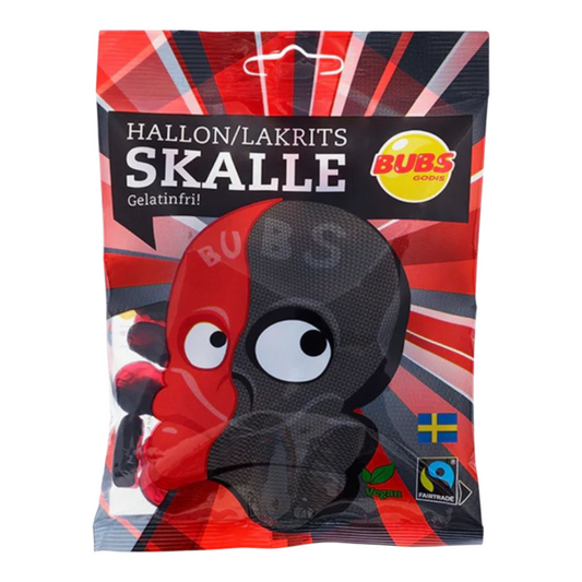 Bubs Godis – Skulls Framboise & Réglisse – Bonbons Vegan en Sachet – 90g