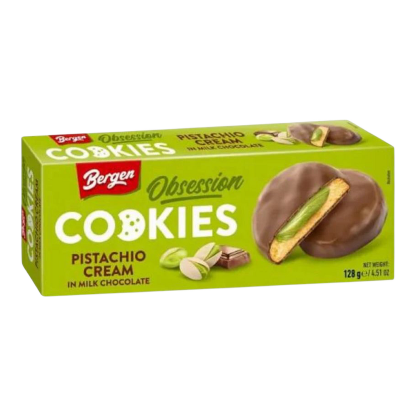 Cookies Bergen Pistachio Cream – Biscuits Fourrés à la Pistache & Chocolat au Lait – 128g