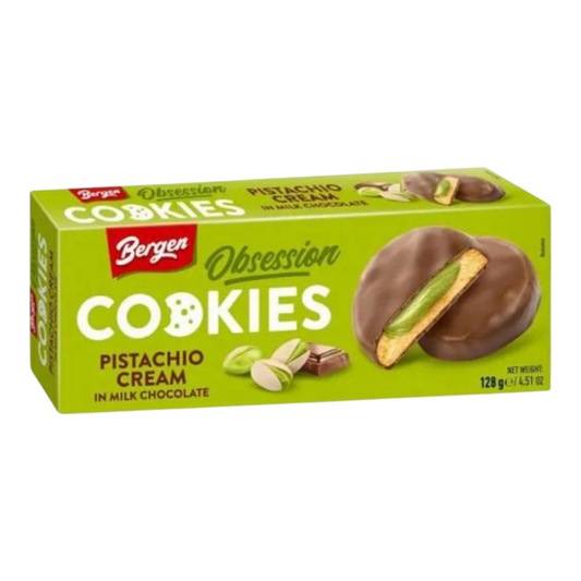 Cookies Bergen Pistachio Cream – Biscuits Fourrés à la Pistache & Chocolat au Lait – 128g